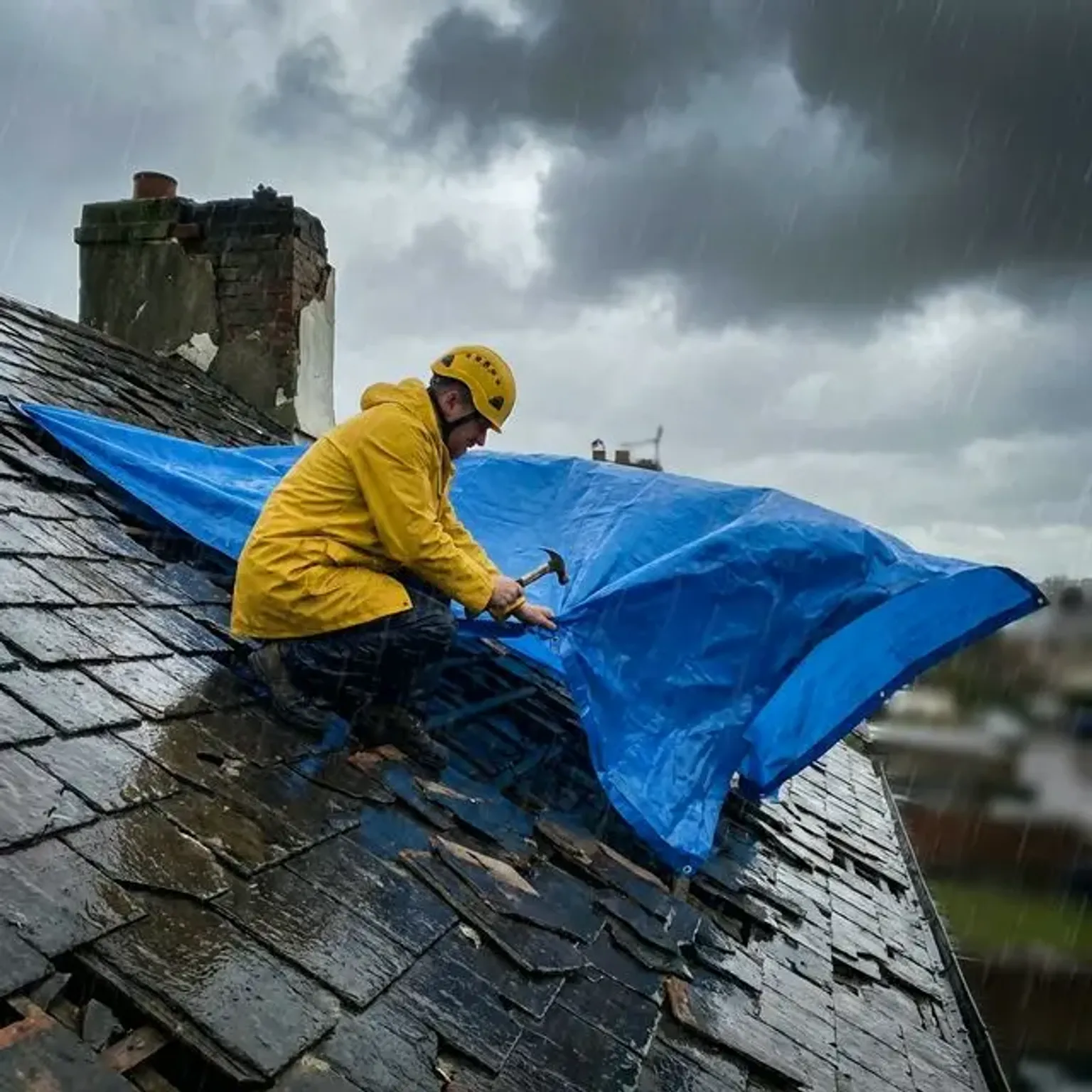 Documentary-style iPhone photo of roofer performing emergency tarp installation on a Lehi Utah home after storm with urgent response