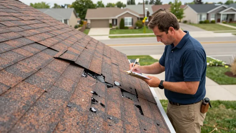 Roofer conducting thorough roof inspection on a Lehi Utah residential home checking shingles and flashing with natural daylight