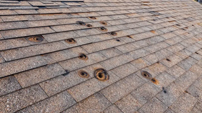 Roofer performing shingle repair on a Lehi Utah residential home after hail damage with natural daylight and careful workmanship