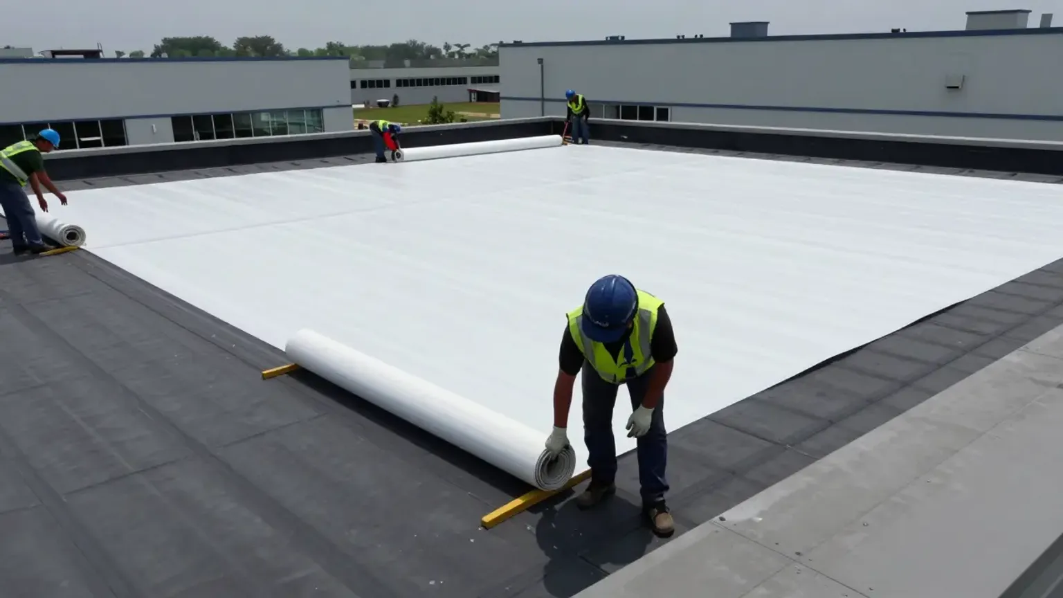 Documentary-style iPhone photo of commercial flat roof inspection on a Lehi Utah office building with natural daylight