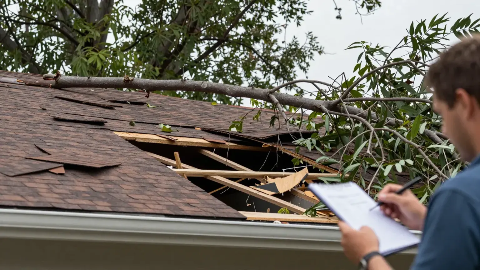 Documentary-style iPhone photo of storm-damaged roof section on a Lehi Utah home with missing shingles and emergency response visible