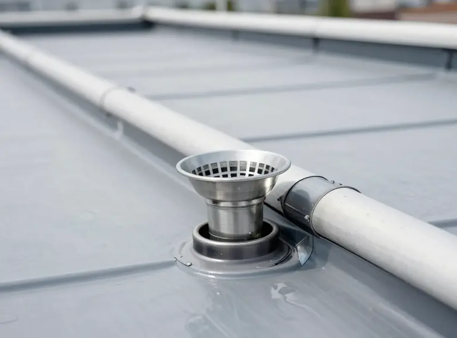 Documentary-style iPhone photo of completed flat roof repair showing clean drain area and new membrane on a Lehi Utah commercial property