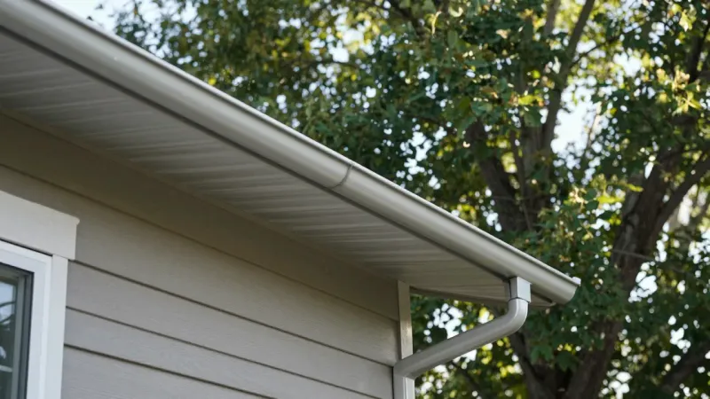 Repaired and cleaned aluminum gutters on a Lehi Utah residential home with properly aligned sections and clear downspout