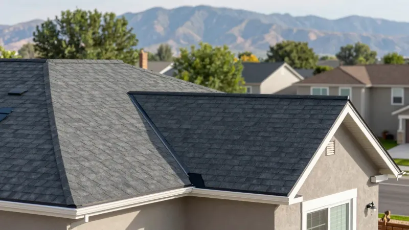 Completed residential roof replacement on a Lehi Utah home with clean architectural shingle lines and flashing details