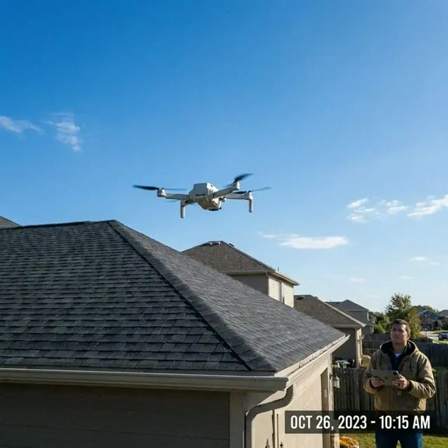 Documentary-style iPhone close-up of roofer checking flashing detail around a chimney on a Lehi Utah home during inspection