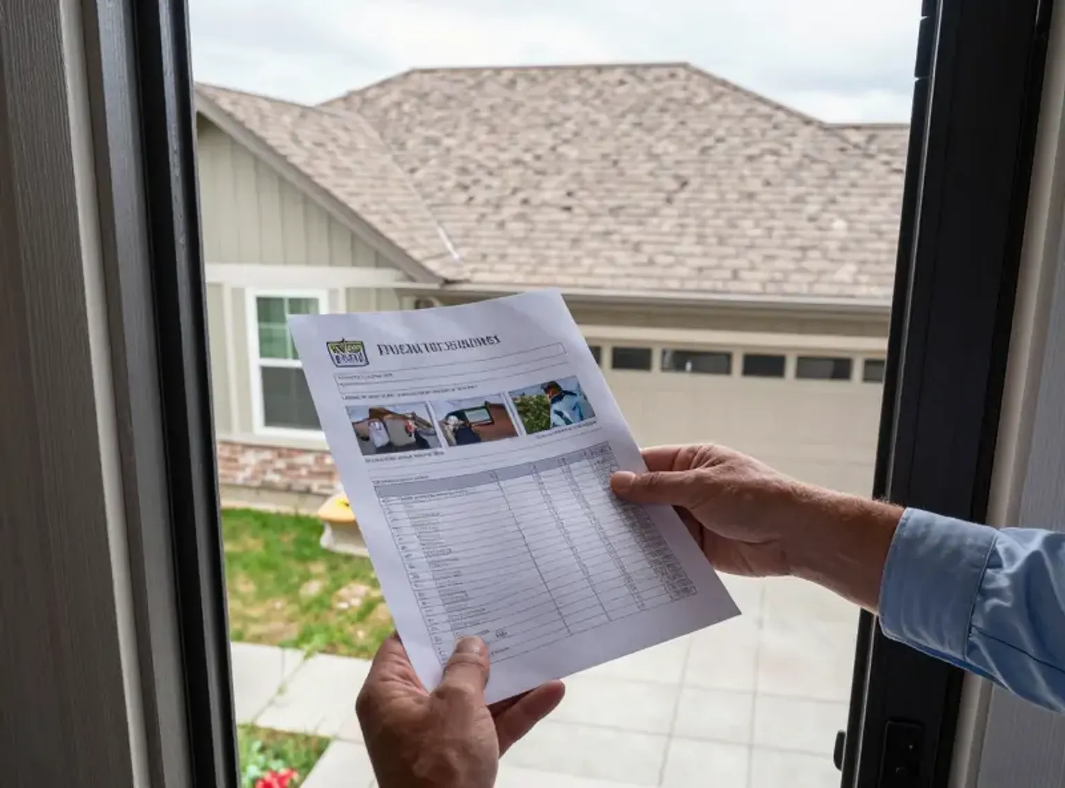 Documentary-style iPhone photo of written roof inspection report being reviewed at a Lehi Utah home with photos and findings visible