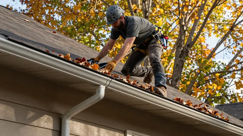 Roofer performing annual maintenance inspection on a Lehi Utah residential roof clearing debris from valleys and checking flashing condition
