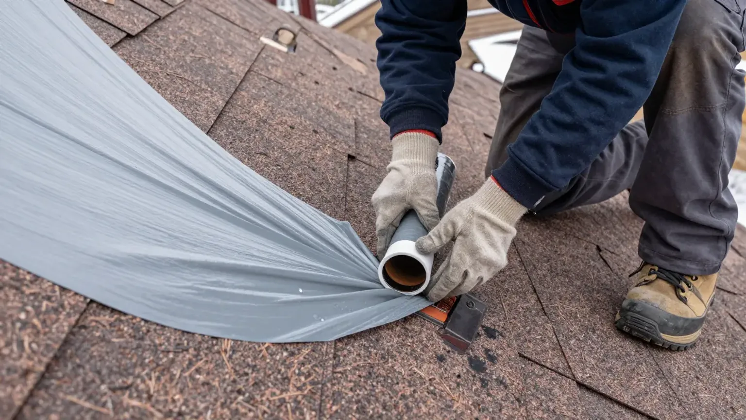 Documentary-style iPhone photo of gutter clearing and roof edge maintenance on a Lehi Utah home showing leaves and debris removal