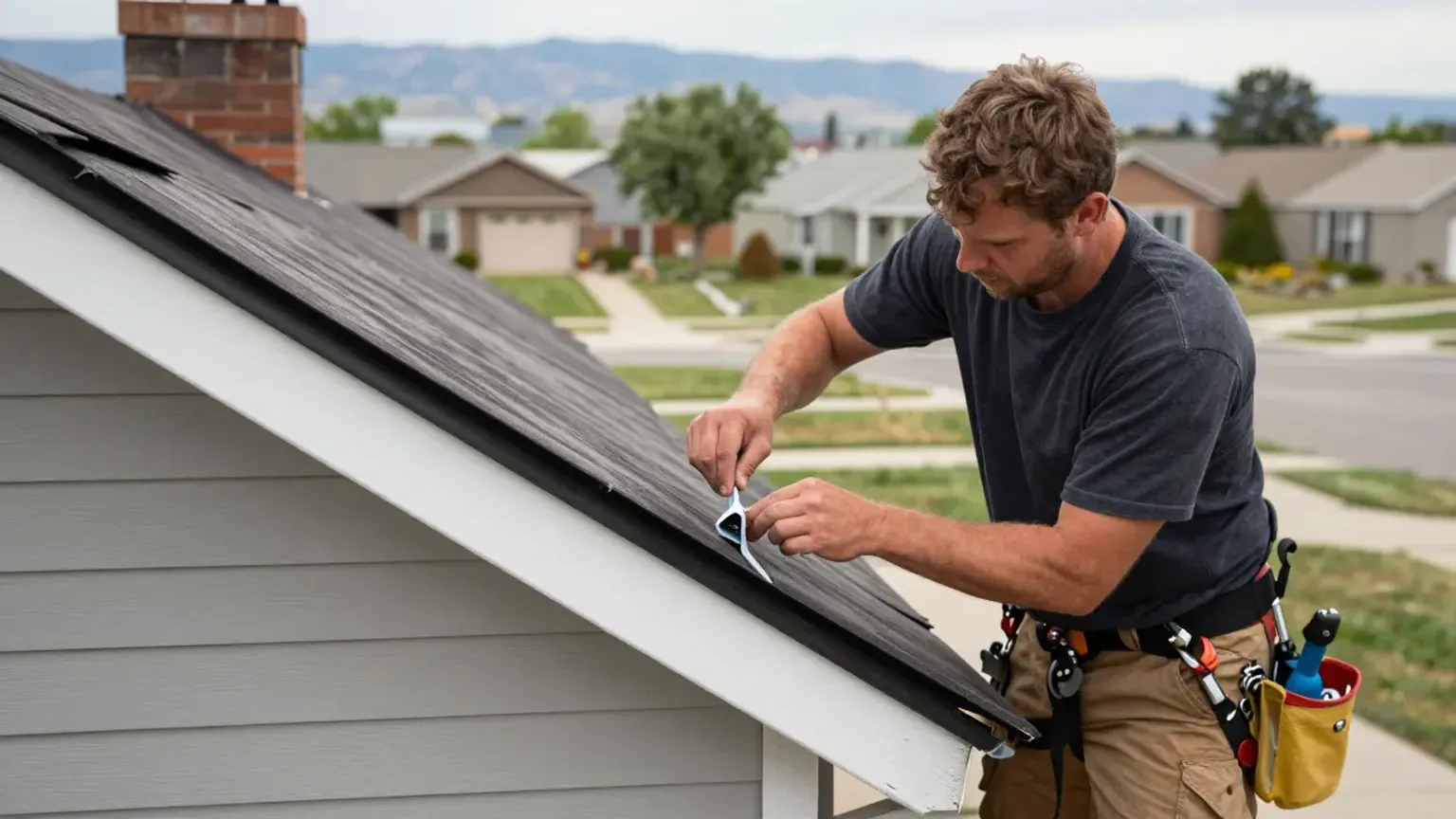 Documentary-style iPhone photo of chimney flashing repair detail on a Lehi Utah home with careful sealant work and natural lighting
